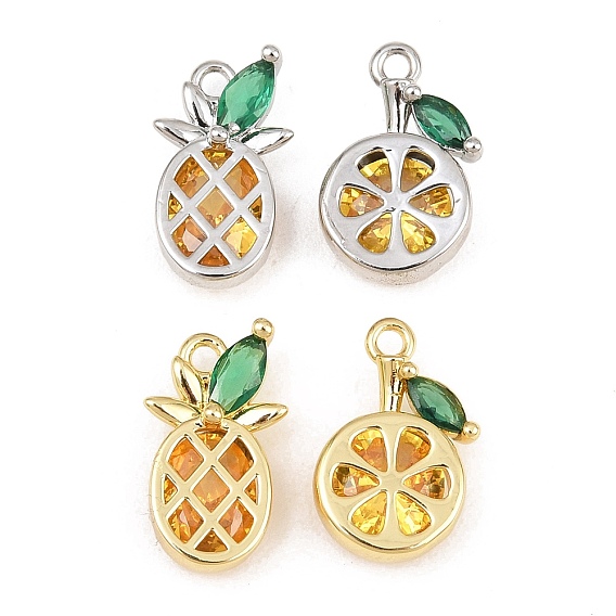 Colgantes de circonitas cúbicas de colores con pavé de latón, Encantos de piña y limón, chapado en rack, larga duración plateado, sin plomo y el cadmio