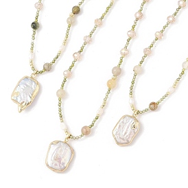 Natural Rutilated Quartz Beaded Necklaces, with Brass Pendants, Pearl and Glass