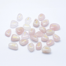 Natural Rose Quartz Beads, Tumbled Stone, Healing Stones for Chakras Balancing, Crystal Therapy, Meditation, Reiki, Nuggets Carved with Runes/Futhark/Futhorc, No Hole/Undrilled