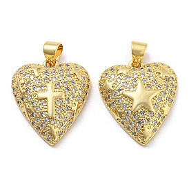Brass Cubic Zirconia Pendants, with Jump Ring, Real 18K Gold Plated, Long-Lasting Plated, Lead Free & Cadmium Free, Heart