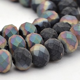 Half Rainbow Plated Faceted Rondelle Glass Beads Strands, Frosted, 6x4mm, Hole: 1mm, about 100pcs/strand, 17.3 inch