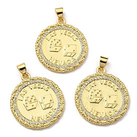 Brass with Cubic Zirconia Pendants, Long-Lasting Plated, Lead Free & Cadmium Free, Flat Round with Dice Charm