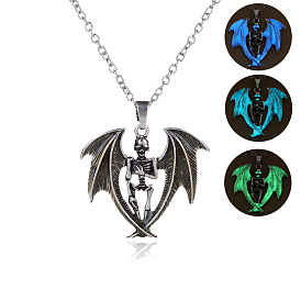 Alloy Skull with Wing Luminous Pendant Necklaces, Glow In The Dark Jewelry for Women Men