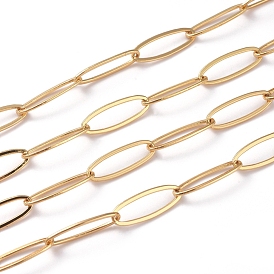 Soldered Brass Paperclip Chains, Flat Oval, Drawn Elongated Cable Chains, Long-Lasting Plated, Real 18K Gold Plated