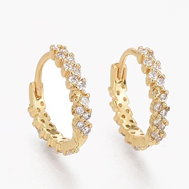 Brass Micro Pave Clear Cubic Zirconia Huggie Hoop Earrings, Long-Lasting Plated, Ring