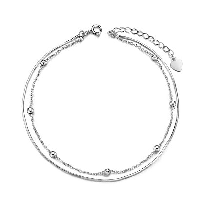 SHEGRACE 925 Sterling Silver Multi-Strand Anklet, with Snake Chains and Cable Chains, Round Beads