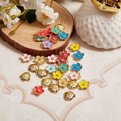 40 Pcs 10 Colors Light Gold Plated Alloy Enamel Charms, Flower, Cadmium Free & Lead Free