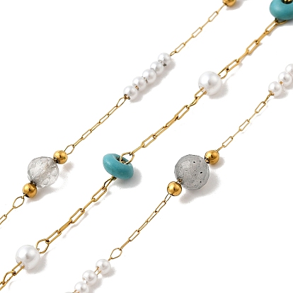 Ручная работа 304 цепочки из нержавеющей стали и натуральных драгоценных камней, пайки, с 316 кабельными цепочками из нержавеющей стали, абс пластик жемчужина и катушка, ионное покрытие (ip)