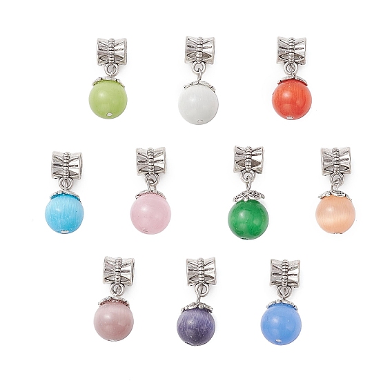 Круглые европейские подвески-шармы «кошачий глаз», подвески с шарообразными отверстиями и дужками из сплава, античное серебро