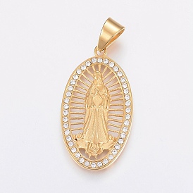 Pendentifs en acier inoxydable, avec strass, ovale avec la Vierge Marie