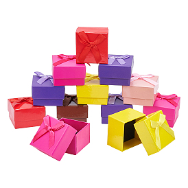 Cardboard Jewelry Earring Boxes, with Ribbon Bowknot and Black Sponge, for Jewelry Gift Packaging, Square