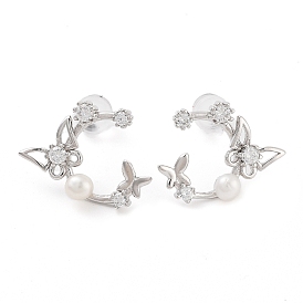 Butterfly Rhodium Plated 925 Sterling Silver Studs Earrings, Pearl & Cubic Zirconia Earrings for Women