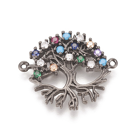 Brass Micro Pave Cubic Zirconia Links, Long-Lasting Plated, Lead Free & Cadmium Free & Nickel Free, Tree of Life, Colorful