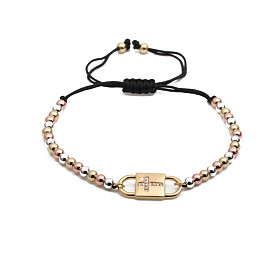 Colorful Zirconia Cross Bracelet with Adjustable Black Cord and 4mm Copper Beads