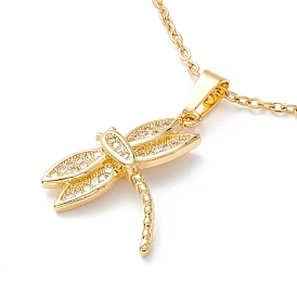 Clear Cubic Zirconia Dragonfly Pendant Necklace, 304 Stainless Steel Jewelry for Women