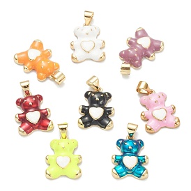 Brass Enamel Pendants, Real 18K Gold Plated, Long-Lasting Plated, Bear with Heart