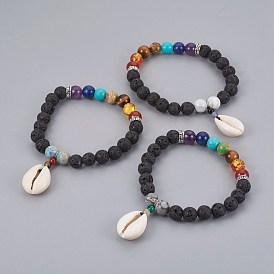 Cowrie Shell Charm Stretch Bracelets, with Mixed Gemstone Beads and Tibetan Style Alloy Spacers Beads