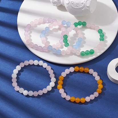 5Pcs 5 Colors Dyed Natural Malaysia Jade Round Beaded Stretch Bracelets Set, Stackable Bracelets