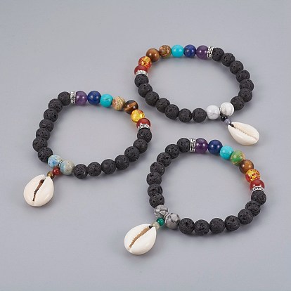 Cowrie Shell Charm Stretch Bracelets, with Mixed Gemstone Beads and Tibetan Style Alloy Spacers Beads