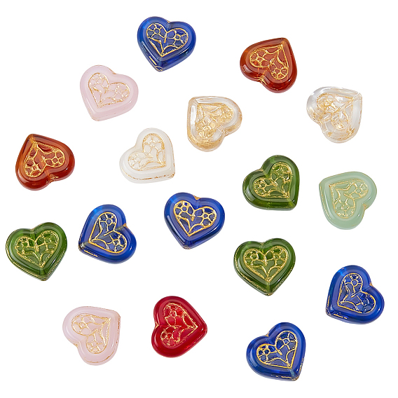 20шт стеклянные бусины, сердце, золотой металл обвитыми