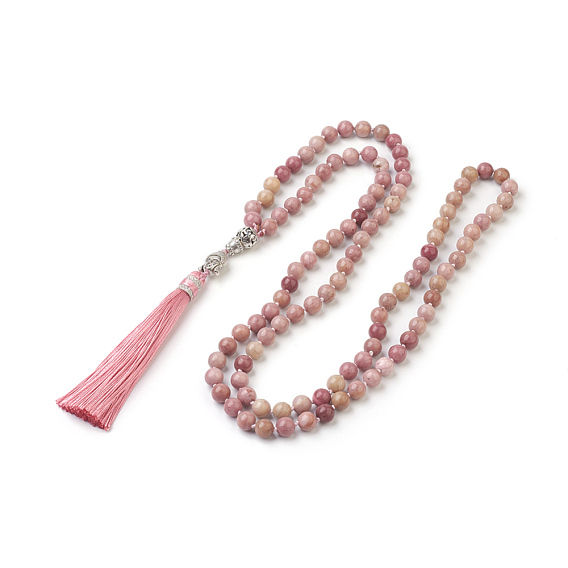Tassel Pendant Necklaces, with Natural Gemstone Round Beads and Alloy Beads, Buddha, Burlap Packing