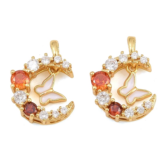 Brass Micro Pave Colorful Cubic Zirconia Pendants, with White Enamel, Moon with Butterfly Charms