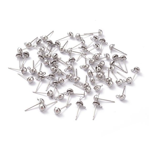 304 Stainless Steel Earring Finding, Ball Stud Earring Post, with Loop, Half Round