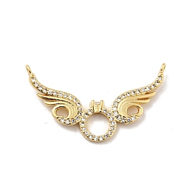 Rack Plating Brass Micro Pave Cubic Zirconia Pendants, Long-Lasting Plated, Lead Free & Cadmium Free, Round Ring with Wing