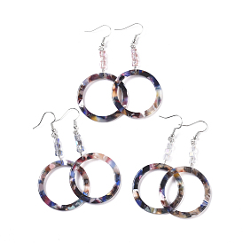 Cellulose Acetate(Resin) Dangle Earrings, with Cube Glass Beads and Platinum Plated Brass Earring Hooks, Ring