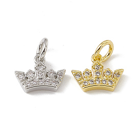 Brass Micro Pave Cubic Zirconia Charm, with Jump Rings, Crown Charm