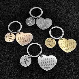 Porte-clés pendentifs en acier inoxydable, Avec des anneaux clés, coeur avec calendrier et plat rond avec mot je t'aime