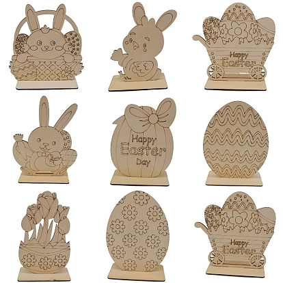 Easter Theme Unfinished Wooden Stands, for DIY Craft Painting Table Decoration, Tan, Rabbit/Egg/Flower/Chick Pattern