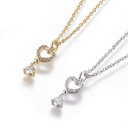 304 Stainless Steel Pendant Necklaces, with Brass Cubic Zirconia Pendants, Heart Key