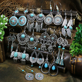 Bohemian Turquoise Earrings Geometric Alloy Vintage Exaggerated Ear Jewelry with Tassels