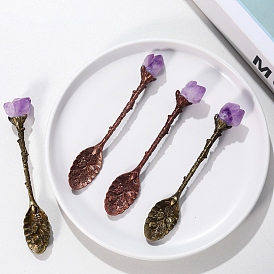 Vintage Carved Natural Amethyst Flower Shaped Teaspoon, Metal Ice Cream Spoon