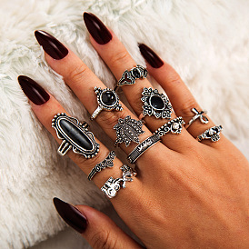 Elephant Crown Cross 11-Piece Set with Black Sapphire and Lotus Flower Rings