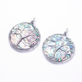 Abalone Shell/Paua Shell Big Pendants, with Brass Findings, Flat Round with Tree of Life, Platinum