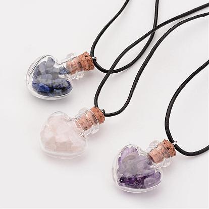 Glass Wishing Bottle Leather Cord Pendant Necklaces, with Natural Gemstone Chip Beads, Heart, 16.54 inch