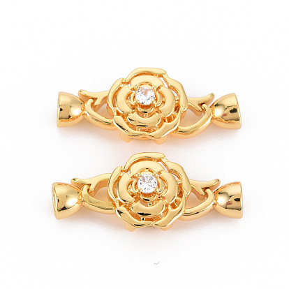 Brass Micro Pave Clear Cubic Zirconia Fold Over Clasps, Nickel Free, Flower