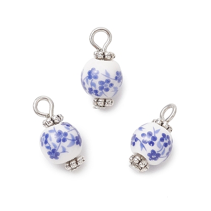 Подвески из фарфора и керамики с цветочным принтом ручной работы, круглые, с тибетском стиле сплава