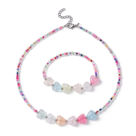 Acrylic Heart & Seed Beaded Necklace & Stretch Bracelet, Jewelry Set for Kids