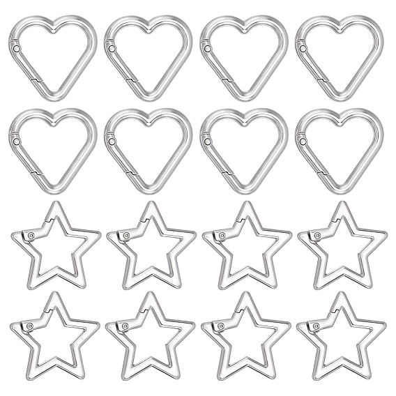 16Pcs 2 Styles Zinc Alloy Spring Gate Rings, Star & Heart