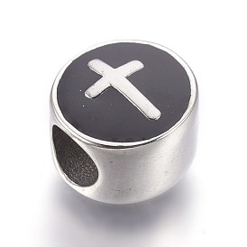 304 Stainless Steel European Beads, with Enamel, Large Hole Beads, Flat Round with Cross