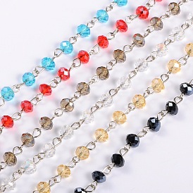 Chaînes de perles de verre rondelles faites main pour colliers fabrication de bracelets, avec épingle à oeil en fer platine, non soudée, 39.3 pouce, perles: 6x4.5 mm