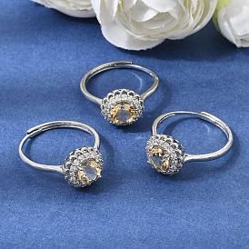 Brass Micro Pave Cubic Zirconia Finger Rings, Round, with Natural Yellow Quartz, Platinum