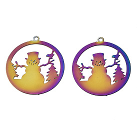  Christmas Ion Plating(IP) 201 Stainless Steel Filigree Pendants, Etched Metal Embellishments, Ring with Snowman