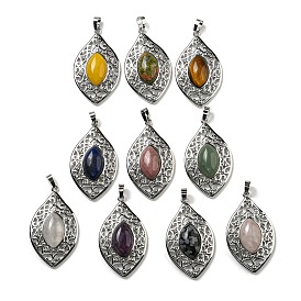 Natural Gemstone Pendants, Rack Plating Brass Hollow Horse Eye Charms, Cadmium Free & Lead Free, Platinum