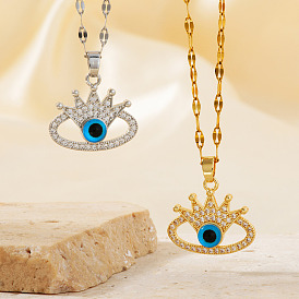 Fashionable Hip-hop Style Brass Full Crystal Rhinestone Crown Blue Evil Eye Pendant Dapped Chain Necklaces for Women