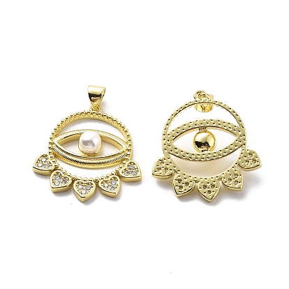 Brass Clear Cubic Zirconia Pendants, Cadmium Free & Lead Free, with ABS Plastic Imitation Pearl, Flat Round with Eye & Heart Charm