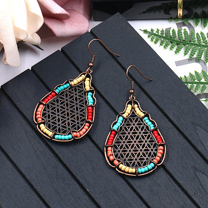 Bohemian Style Alloy Dangle Earrings, with Seed Beads, Teardrop, Colorful